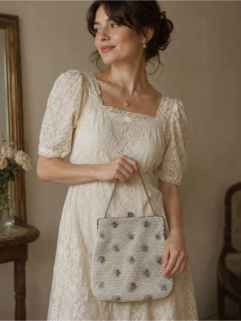 Vintage | Elegant Cream Beaded Evening Bag with Floral Accents